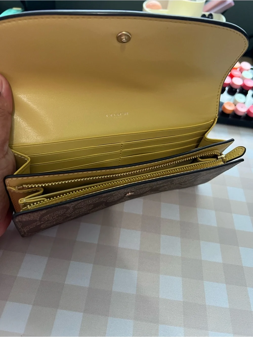 Coach Brown Signature Canvas Wallet with Yellow Leather Flap